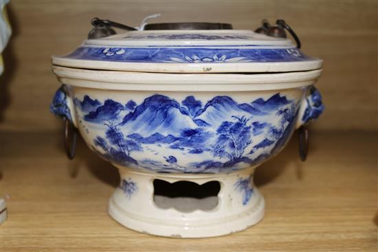 A Chinese blue and white vessel, burner and stand